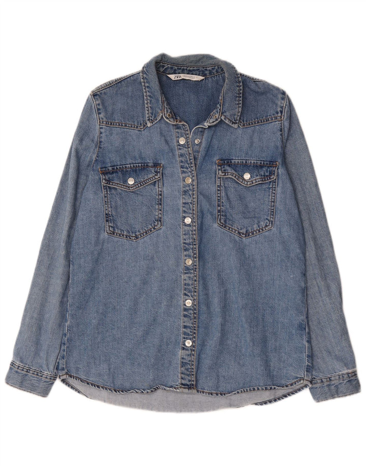 Zara Femme Chemise En Jean UK 14 Bleu Moyen Coton