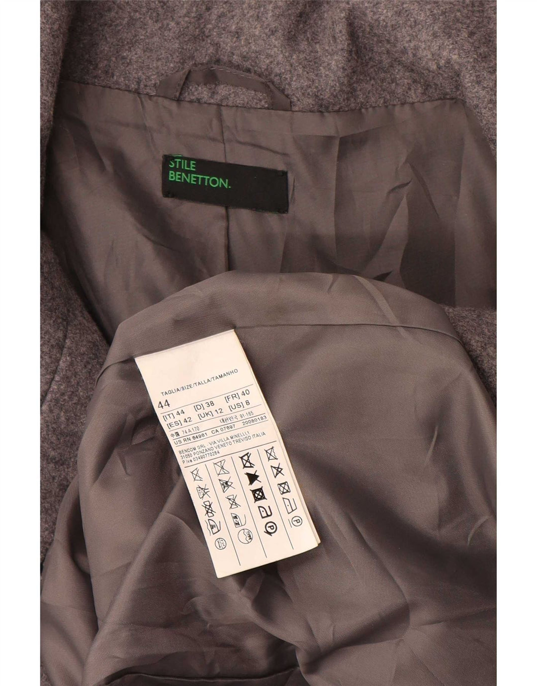 Benetton Dame Overfrakke UK 12 Medium Grey Uld