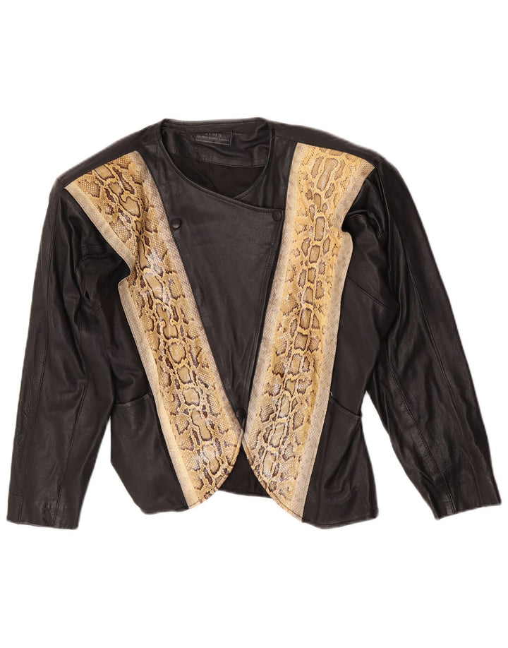 Veste en cuir femme vintage UK 14 Cuir imprimé animal noir moyen
