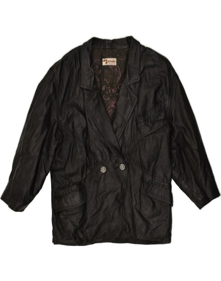 VINTAGE Womens Double Breasted Leather Coat UK 16 Large Black Leather | Vintage Vintage | Thrift | Second-Hand Vintage | Used Clothing | Messina Hembry 