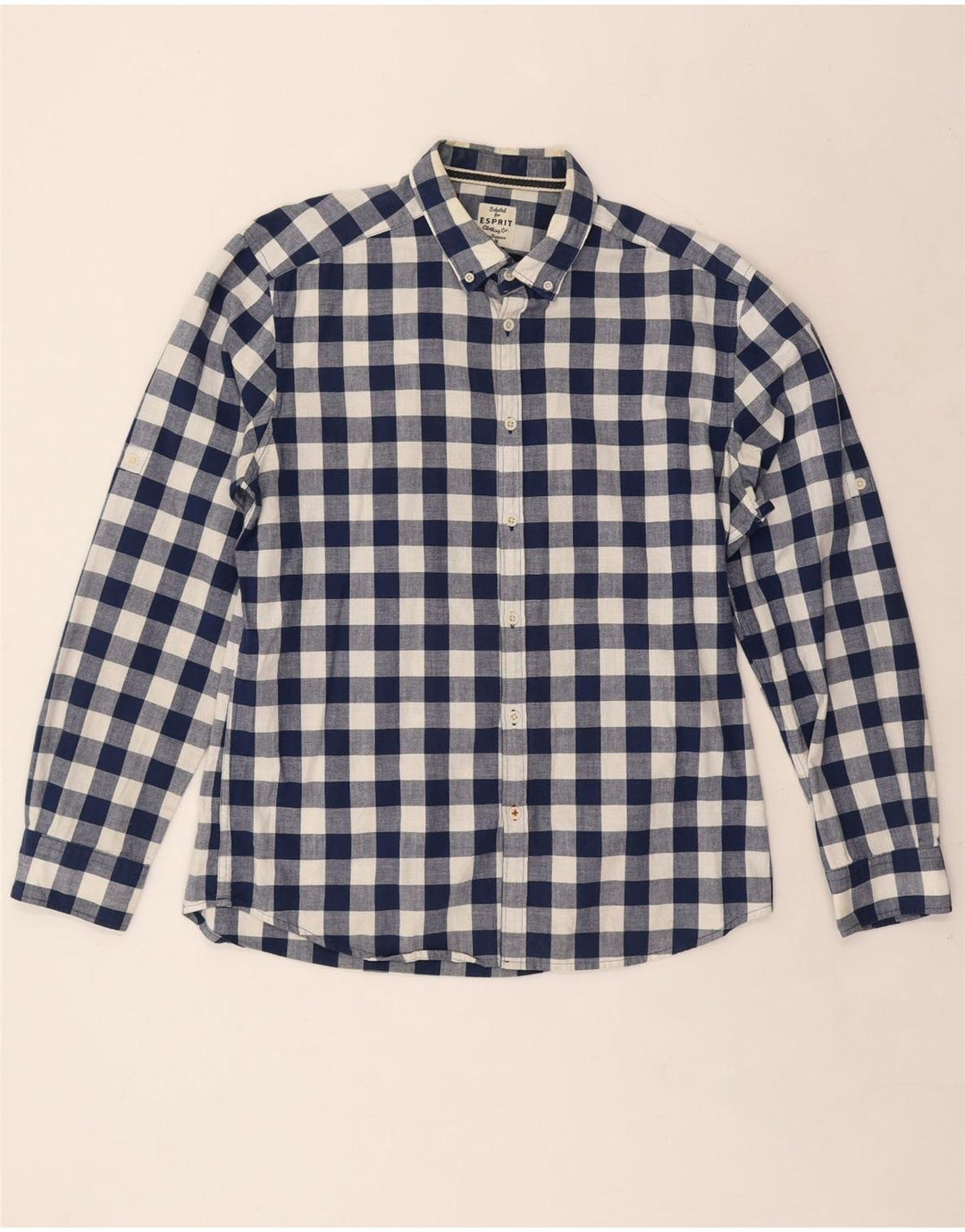 ESPRIT Mens Regular Fit Shirt Large Navy Blue Gingham Cotton