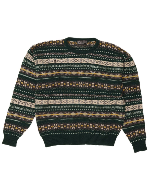 Vintage Mens Crew Neck Jumper Sweater Large Green Fair Isle Virgin Wool