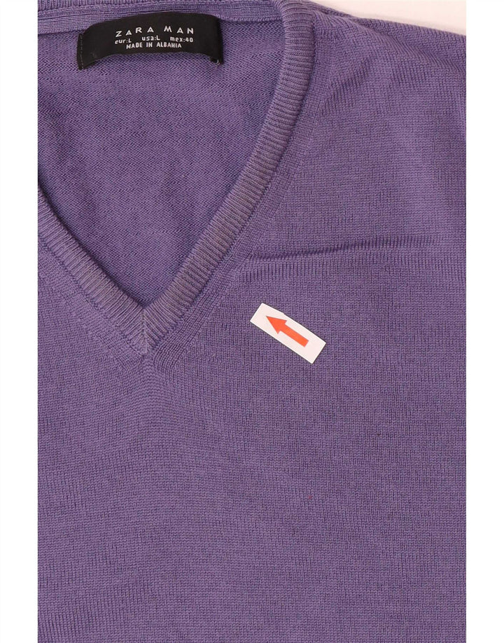 Zara Mens V-Neck Jumper Sweater Large Purple Wool