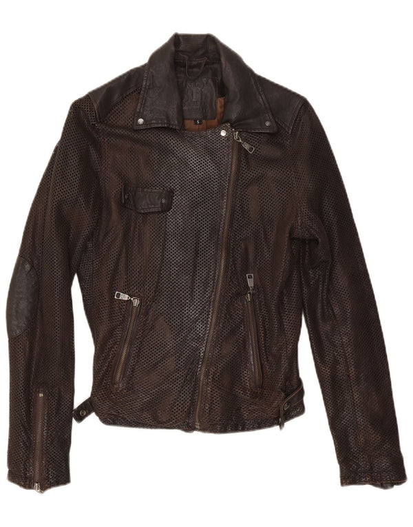 Eighth Sin Chaqueta motera de cuero para mujer UK 10 Small Brown