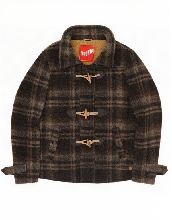 Playlife Womens Sherpa Duffle Bomber Jacket UK 16 Large Brown Plaid Classic