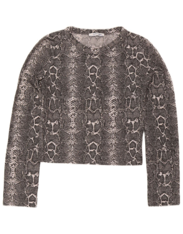 Zara Womens Trafaluc Crop Top Long Sleeve UK 12 Medium Grey Animal Print