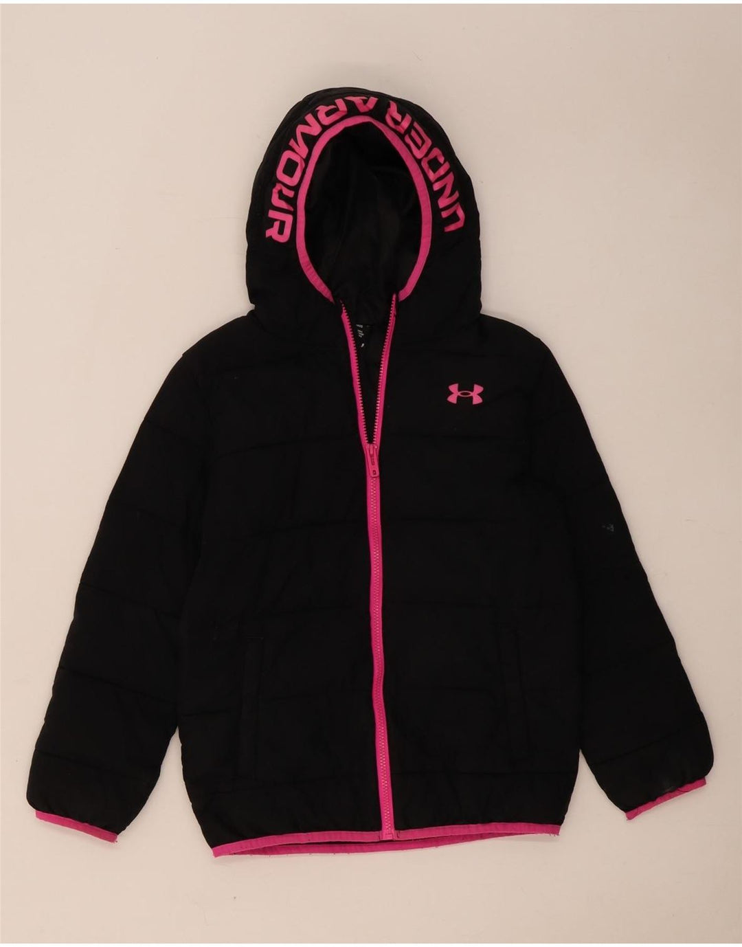 Under Armour Girls Graphic Hooded Padded Jacket 10-11 Years Black Polyester