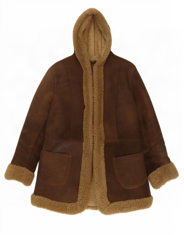 Vintage Womens Hooded Shearling Jacket UK 10 Small Brown Leather