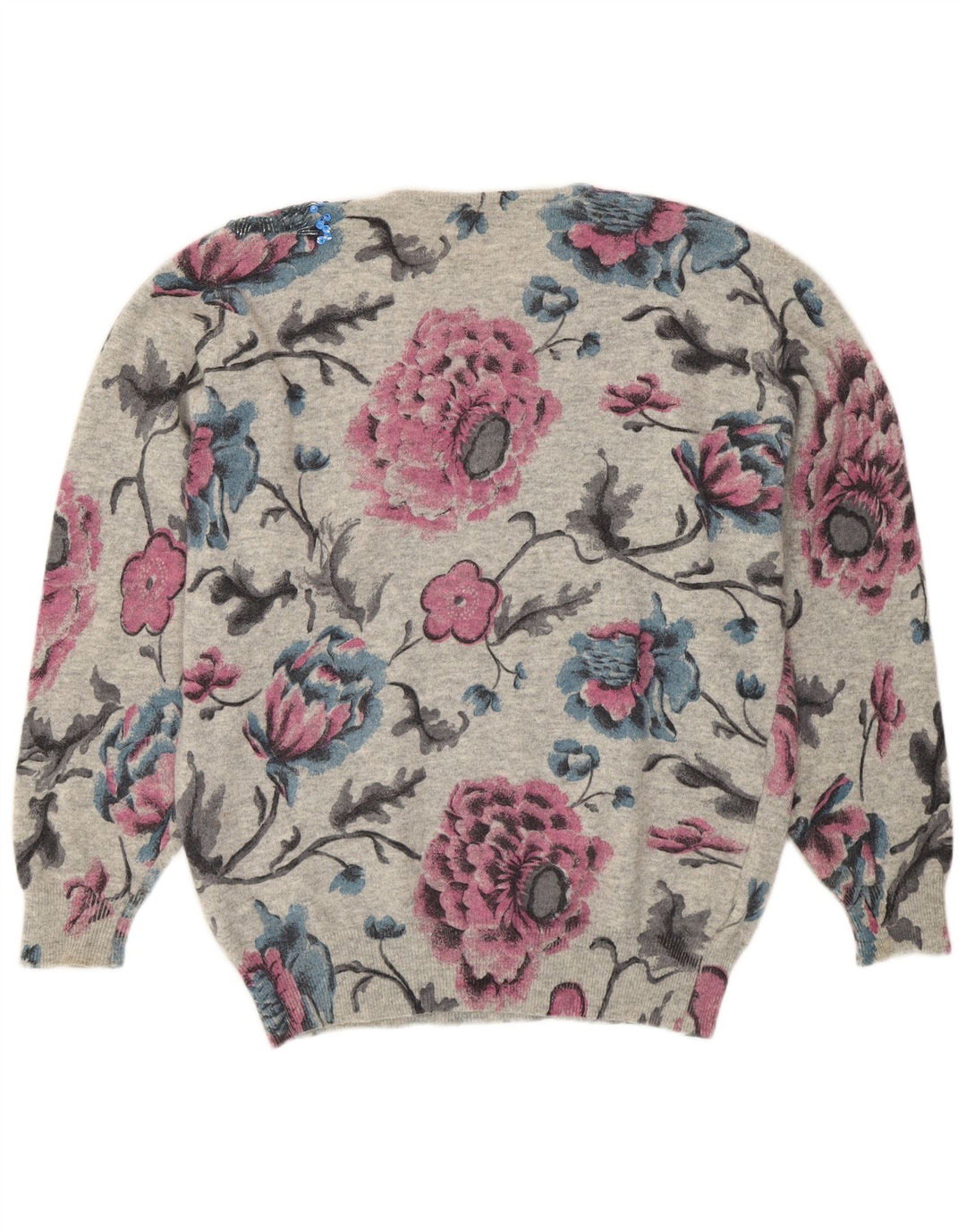 Premode Womens Crew Neck Jumper Sweater UK 14 Large Grey Floral Wool