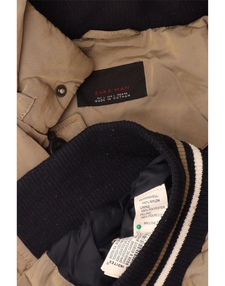 Zara Mens Hooded Padded Jacket UK 40 Large Beige Nylon