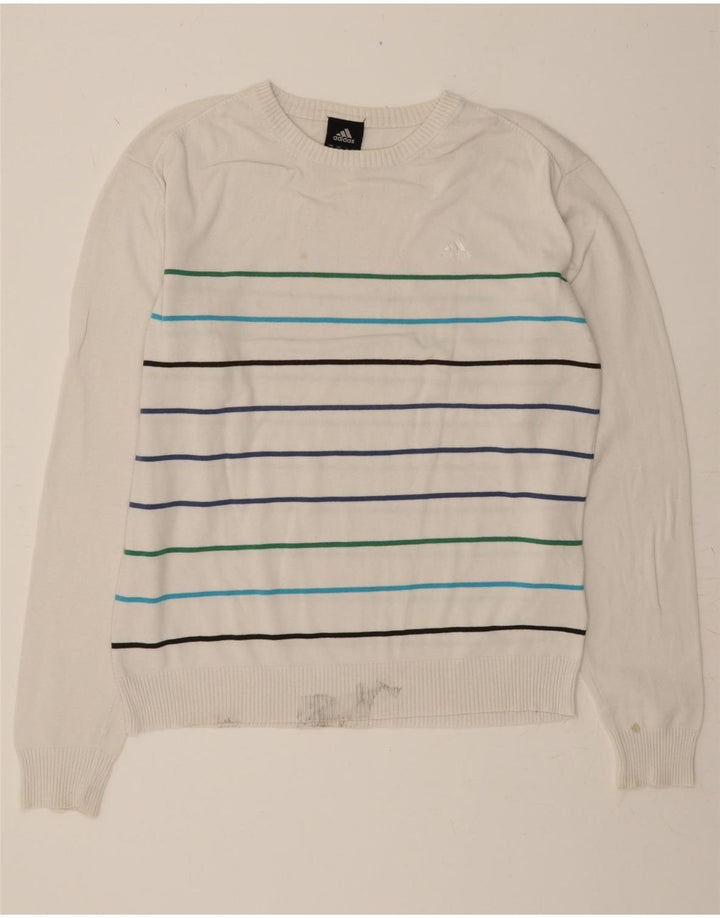 ADIDAS Mens Crew Neck Jumper Sweater Large White Striped Cotton Vintage Adidas and Second-Hand Adidas from Messina Hembry 