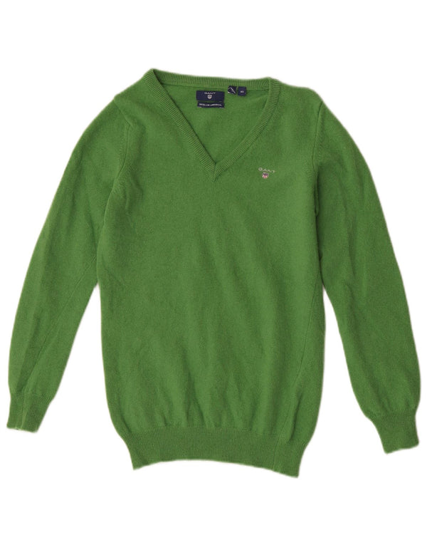 Gant női V-nyakú pulóver UK 6 XS zöld báránygyapjú