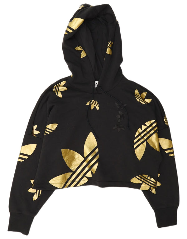 Adidas Damen Übergroßer Crop Graphic Hoodie Pullover UK 10 Small Schwarz