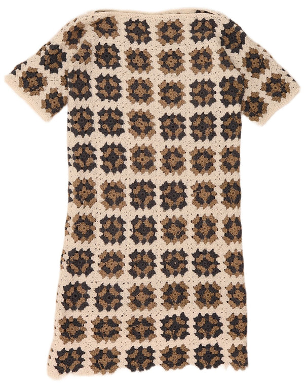 Abito a trapezio vintage da donna all'uncinetto UK 12 Beige medio floreale