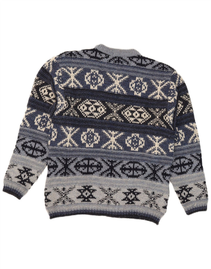 Vintage Mens Crew Neck Jumper Sweater IT 48 Medium Blue Fair Isle Wool