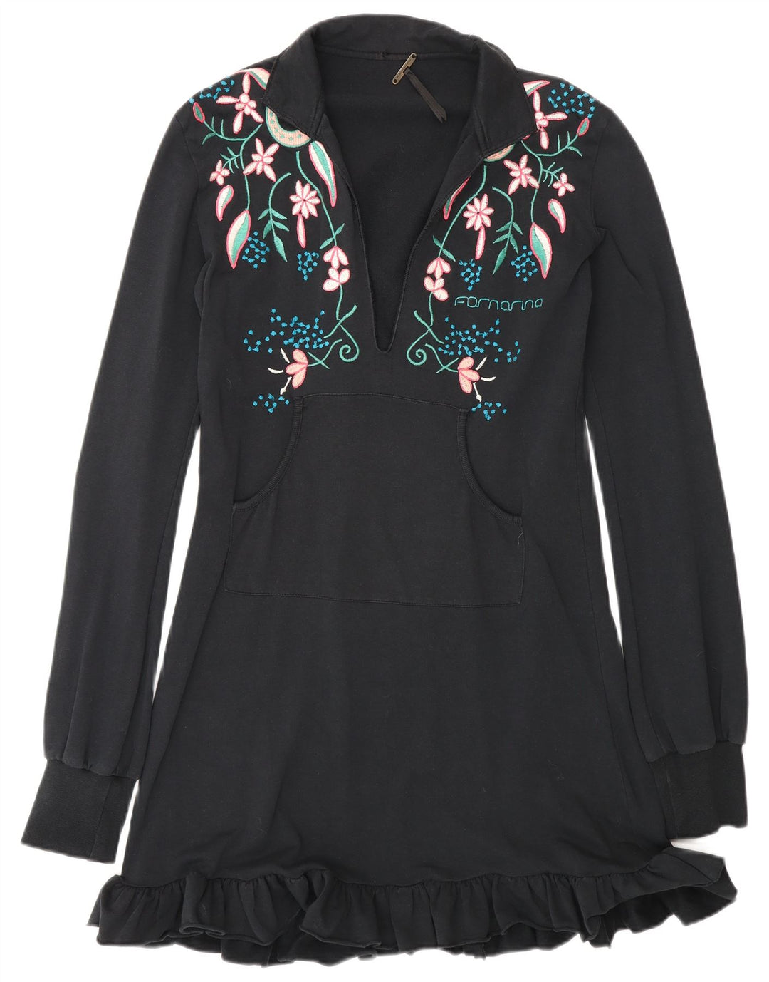 Fornarina Womens Long Sleeve Basic Dress UK 12 Medium Black Floral Cotton