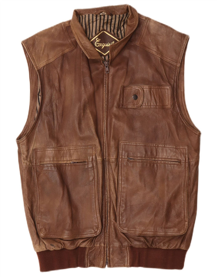 Exquisit Mens Leather Utility Gilet IT 52 XL Brown