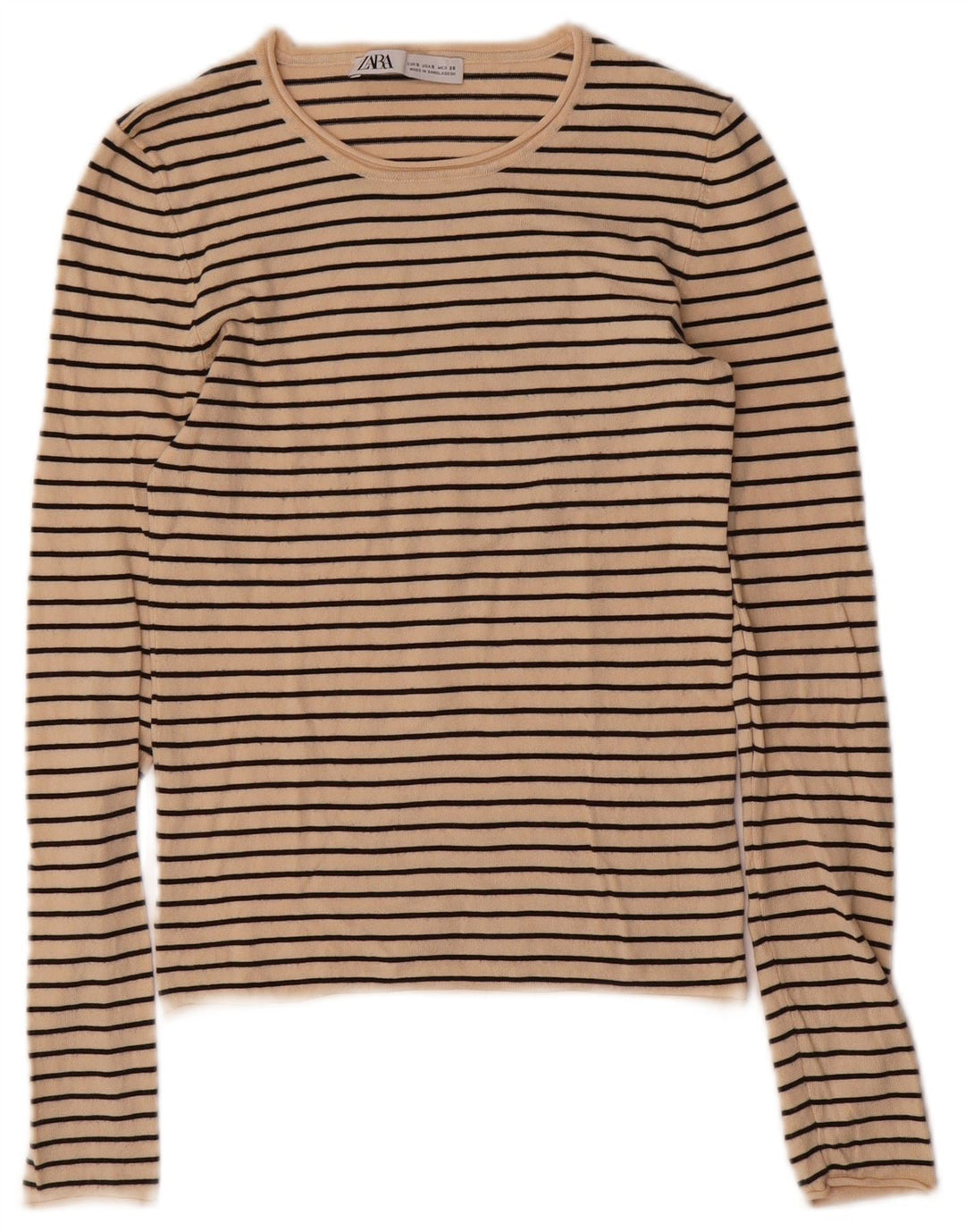 ZARA Womens Top Long Sleeve UK 8 Small Beige Striped Viscose