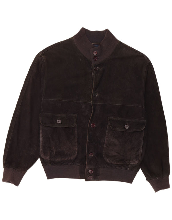 vintage Mens Suede Bomber Jacket IT 48 Cuir Noir Moyen