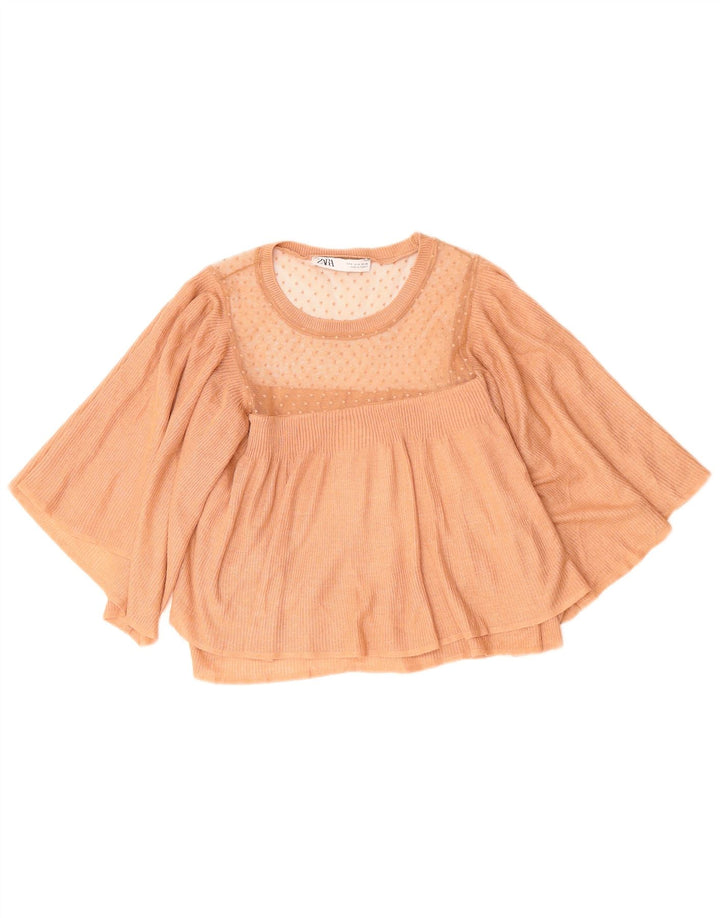 ZARA Womens Crop Knit Blouse Top UK 10 Small Brown