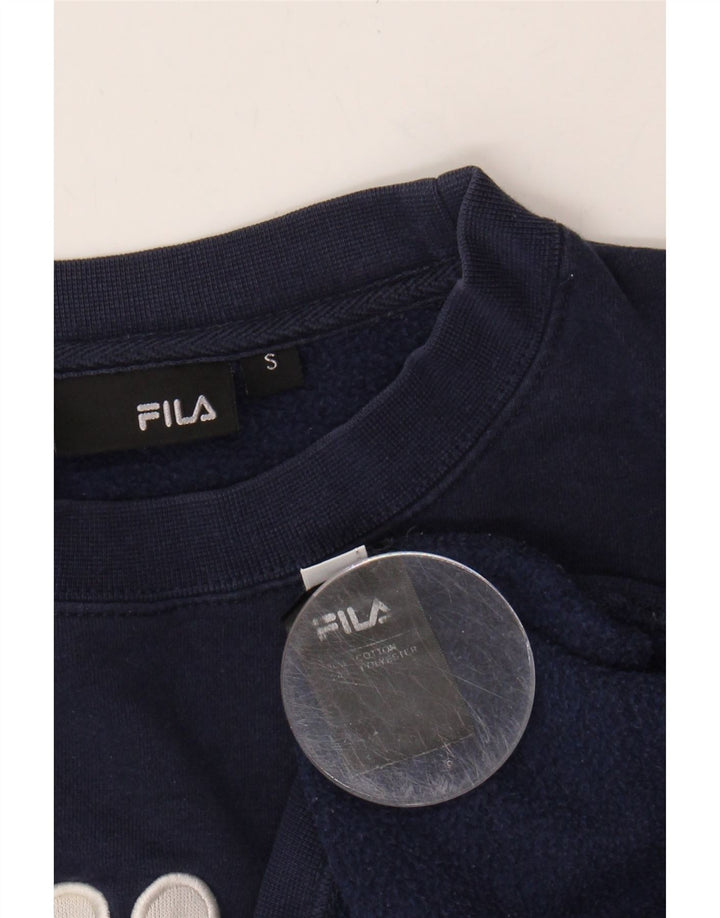 FILA Mens Graphic Sweatshirt Jumper Small Navy Blue Cotton Vintage Fila and Second-Hand Fila from Messina Hembry 