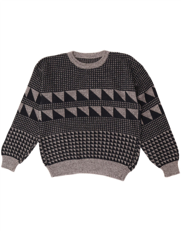 Vintage Mens Crew Neck Jumper Sweater Large Grey Geometric
