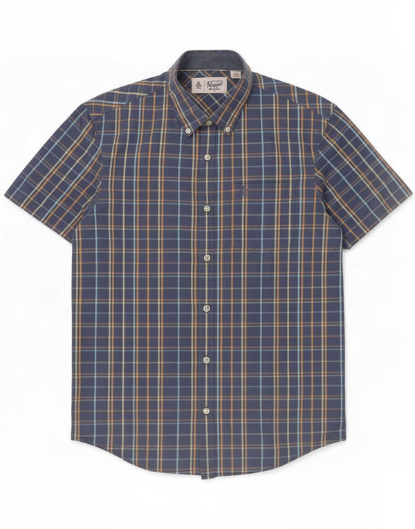 Penguin Mens Short Sleeve Shirt Medium Blue Check Cotton