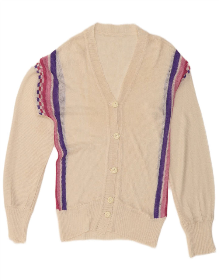 Vintage Womens Cardigan Sweater UK 12 Medium Off White Striped