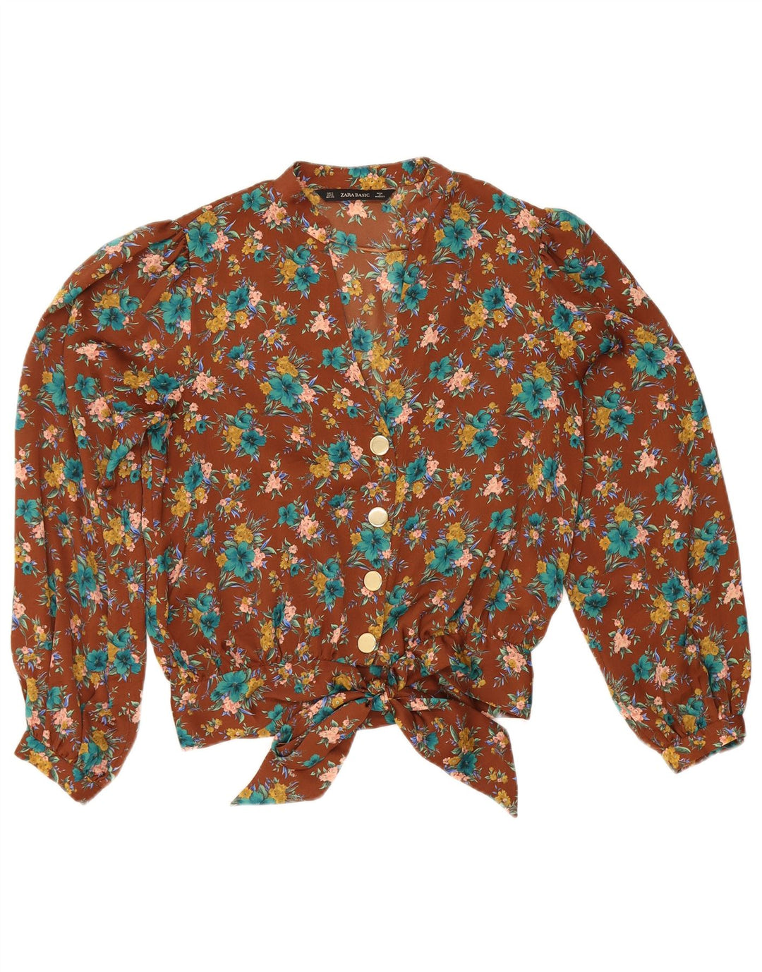 Zara Womens Shirt Blouse UK 10 Small Brown Floral Polyester