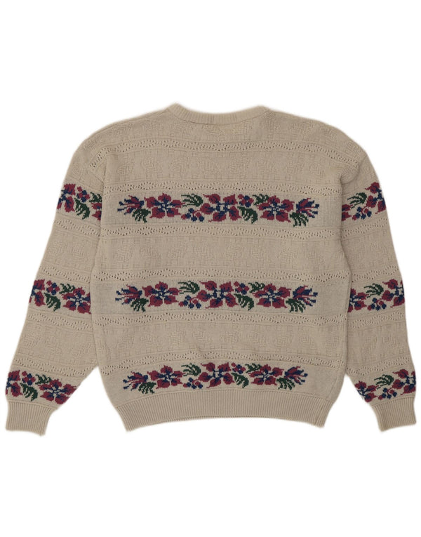Vintage Womens Crew Neck Jumper Sweater UK 16 Large Beige Floral Acryl