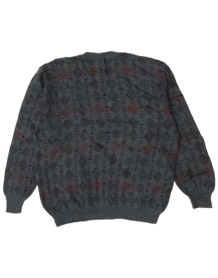 Vintage Mens Crew Neck Jumper Sweater Medium Blue Geometric Virgin Wool