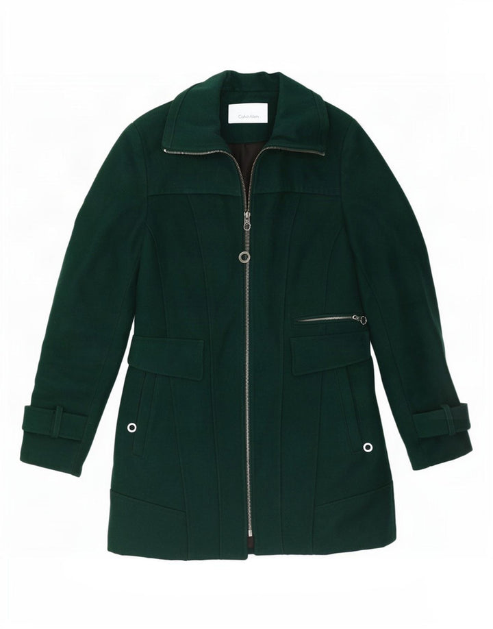 Calvin Klein Womens Trench Coat UK 10 Small Green Wool Classic