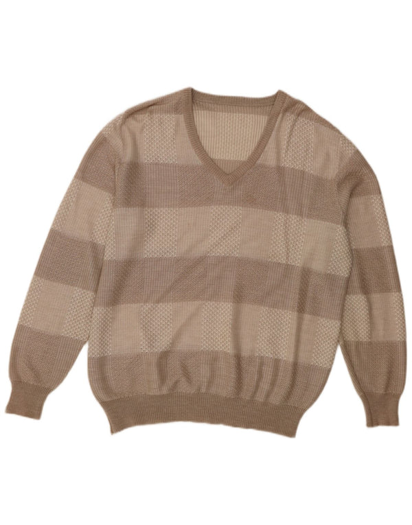 Vintage Mens V-Neck Jumper Sweater IT 56 XL Brown Striped Acrylic