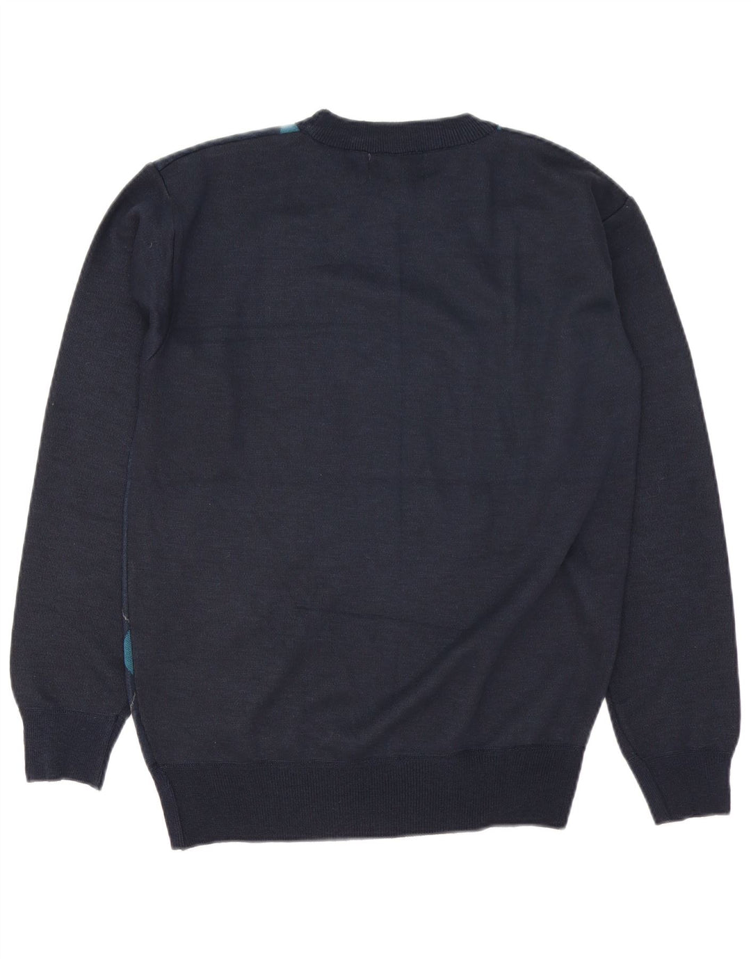 Vintage Mens Crew Neck Jumper Sweater Large Navy Blue Argyle/Diamond Wool