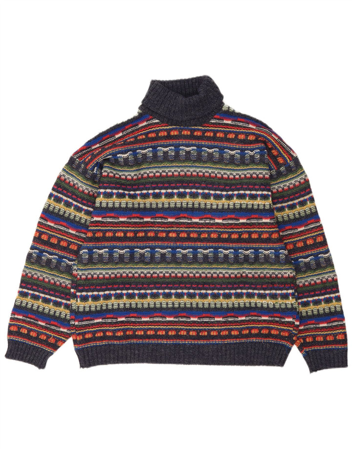 Vintage Mens Roll Neck Jumper Sweater Large Multicoloured Fair Isle Wool