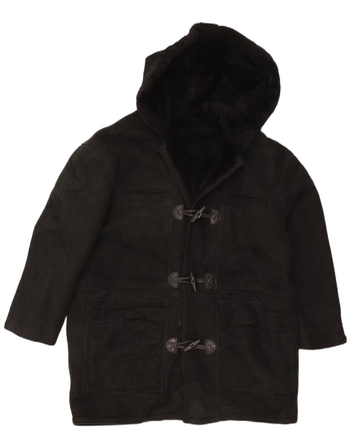 Vintage Womens Hooded Oversized Shearling Coat UK 16 Large Black
