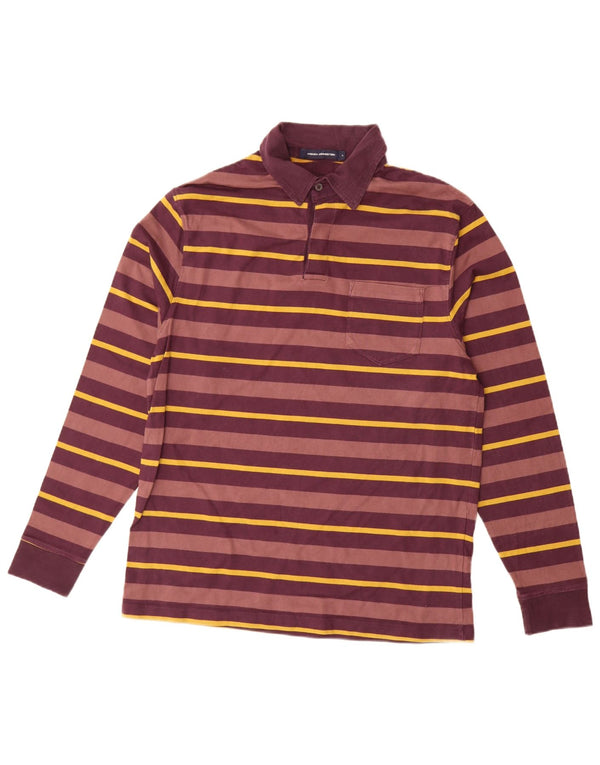 French Connection Mens Long Sleeve Polo Shirt Large Burgundy Striped Cotton