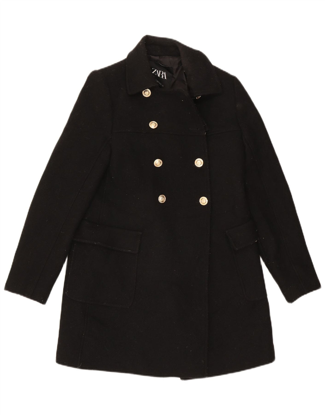 Zara Womens Double Breasted Coat UK 6 XS Black Wool