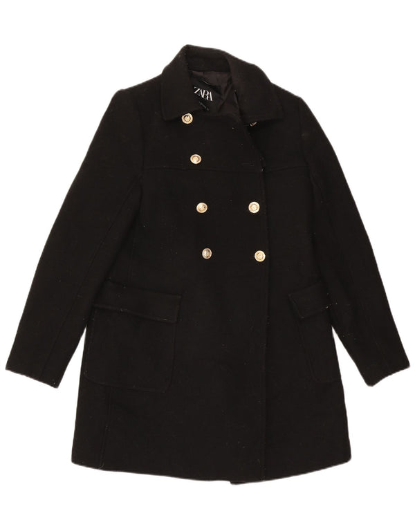 Zara Womens Double Breasted Coat UK 6 XS Black Wool