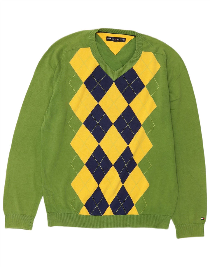 Tommy Hilfiger Mens V-Neck Jumper Sweater Medium Green Argyle/Diamond