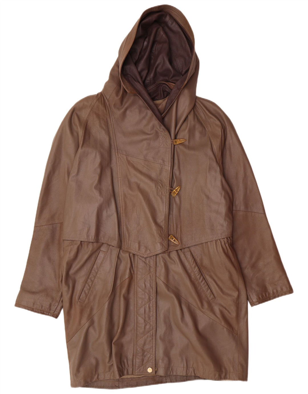 VINTAGE Womens Oversized Hooded Leather Coat UK 10 Small Brown Leather