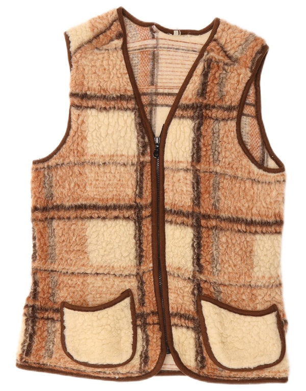 Colete de lã feminino vintage UK 10 pequeno xadrez marrom
