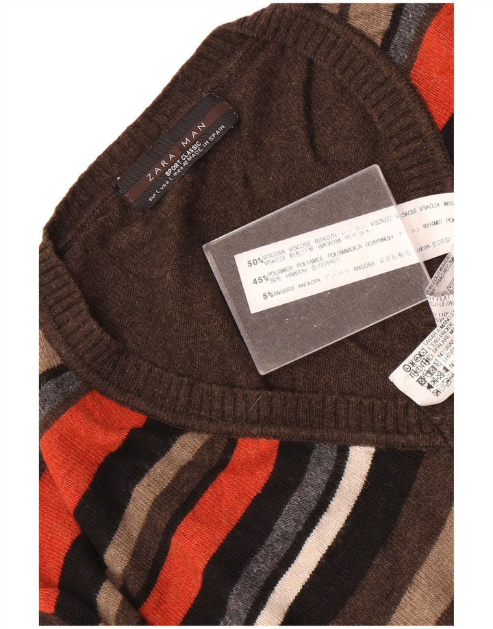 Zara Mens V-Neck Jumper Sweater Large Brown Striped Viscose