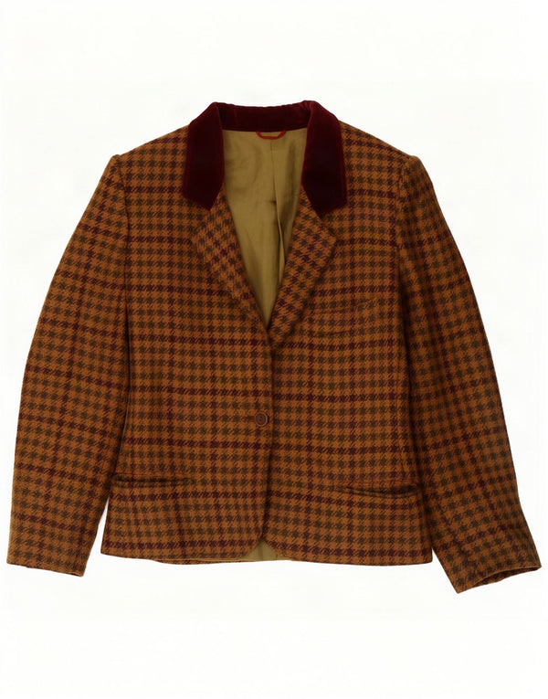 Giacca blazer vintage da donna a 1 bottone UK 14 grande lana pied de poule marrone