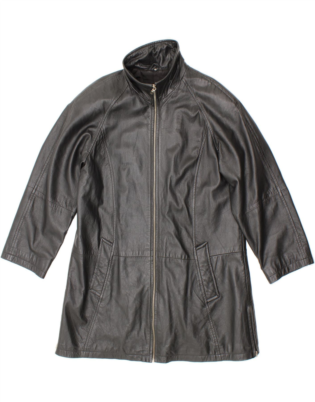 VINTAGE Womens Leather Coat EU 40 Medium Black Leather Vintage Vintage and Second-Hand Vintage from Messina Hembry 