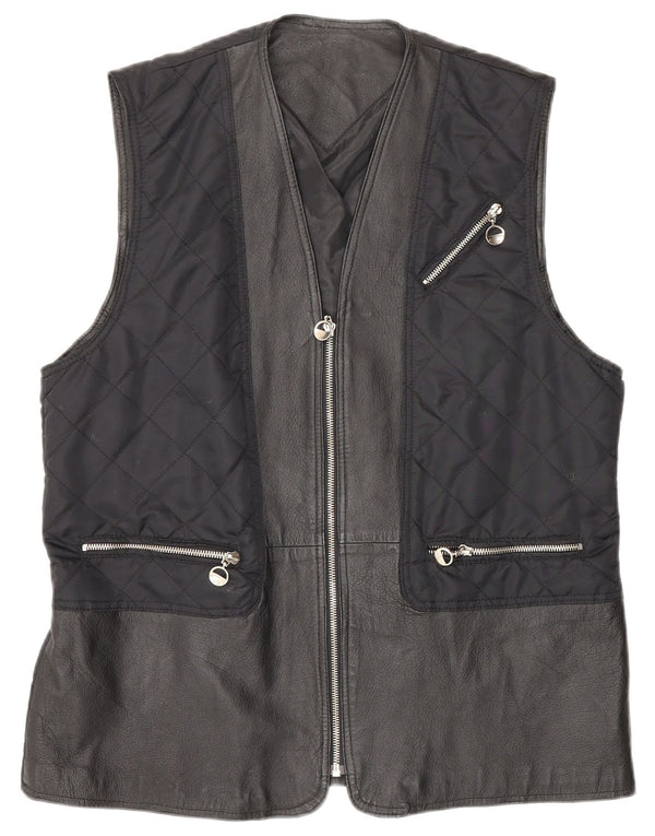 Vintage mujer acolchado cuero Gilet Reino Unido 12/14 azul marino medio