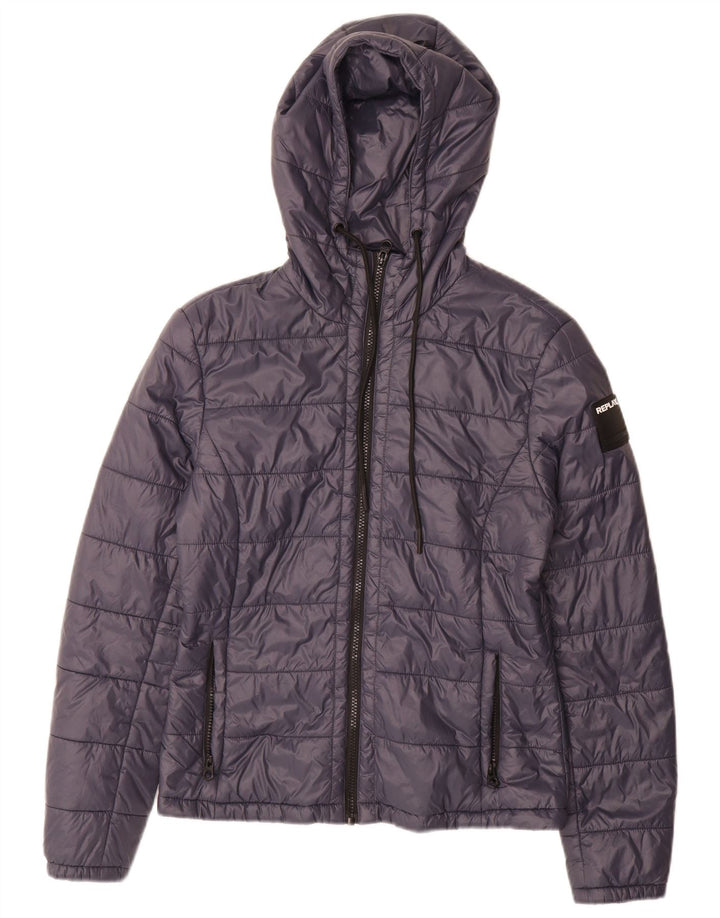 Replay Womens Hooded Padded Jacket UK 12 Medium Navy Blue Polyamide