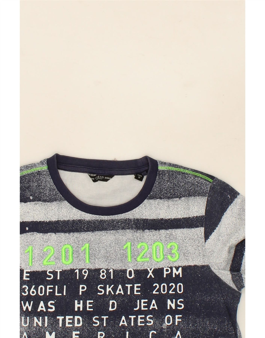 GUESS Boys Graphic T-Shirt Top 9-10 Years Navy Blue Striped Polyester Vintage Guess and Second-Hand Guess from Messina Hembry 