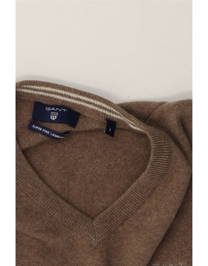 Gant Mens V-Neck Jumper Sweater Large Brown Lambswool