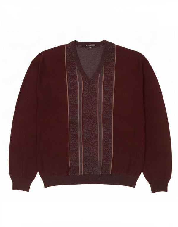 Vintage Herren V-Ausschnitt Pullover Pullover Große Maroon Fair Isle Wolle